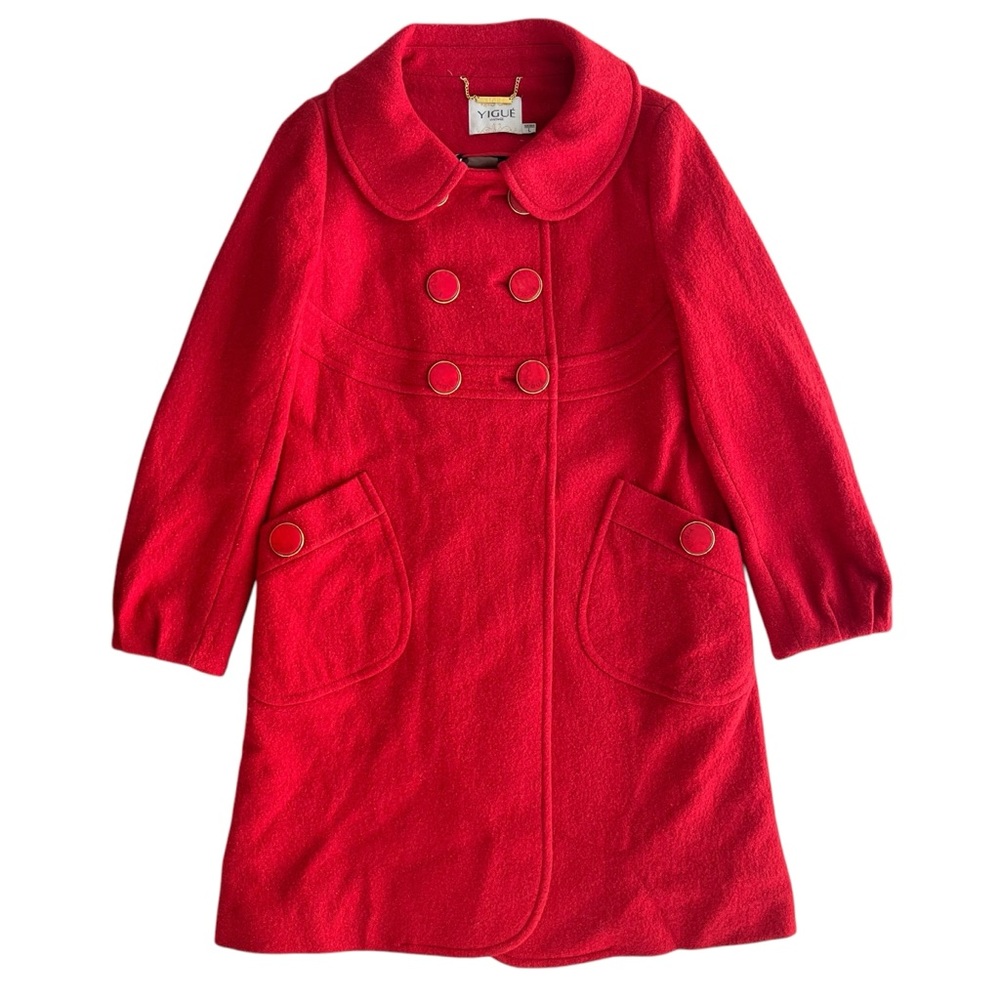 Yigue Vintage Womens L Red Metallic Shimmer Tweed Gold Buttons Longline Pea Coat